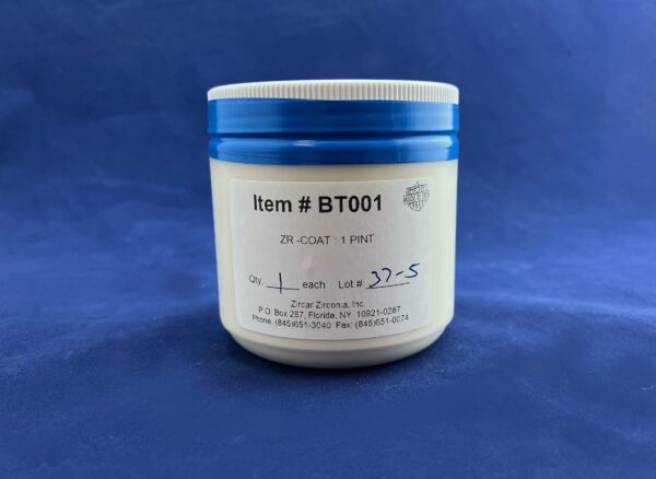 Container of ZR-Coat product, labeled as 1 pint, belonging to Zircar Zirconia, Inc. Relevant for materials application or coating discussions.